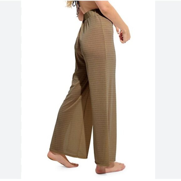 NWT EVERYDAY SUNDAY SHIMMERY GOLD SHEER STRIPED WIDE LEG COVER UP TROUSERS PANT - Picture 1 of 11